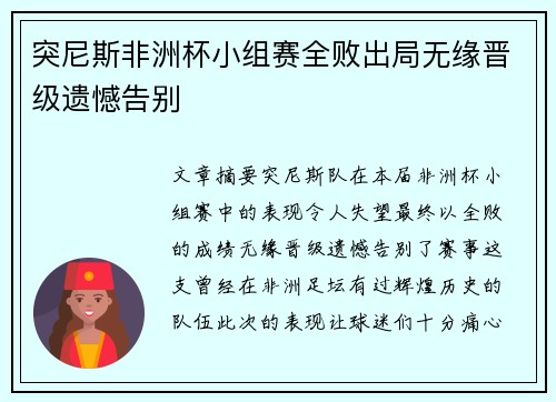 突尼斯非洲杯小组赛全败出局无缘晋级遗憾告别