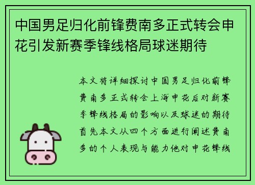 中国男足归化前锋费南多正式转会申花引发新赛季锋线格局球迷期待 中国男足归化前锋费南多正式转会申花引发新赛季锋线格局球迷期待